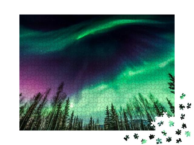 Purple & Green Northern Lights in Wave Pattern Over Trees... Jigsaw Puzzle with 1000 pieces