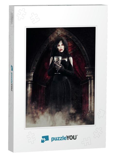 Gothic Scene with a Vampire Girl Standing with a Chalice... Jigsaw Puzzle