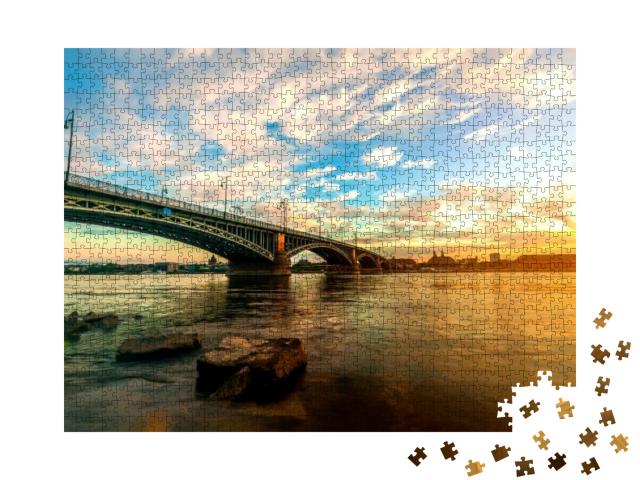 Beautiful Sunset Over Rhine / Rhein River & Old Bridge in... Jigsaw Puzzle with 1000 pieces