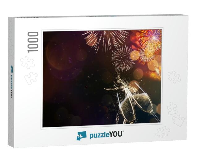 Glasses of Champagne Levitating in the Air, Fireworks, Ce... Jigsaw Puzzle with 1000 pieces