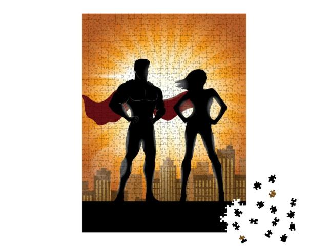 Superhero Couple Silhouette with City Skyline Background... Jigsaw Puzzle with 1000 pieces