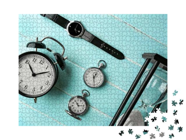 Different Kinds of Watches on Light-Blue Table... Jigsaw Puzzle with 1000 pieces