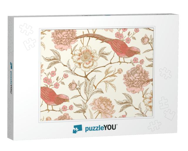 Peonies & Pheasants. Floral Vintage Seamless Pattern with... Jigsaw Puzzle
