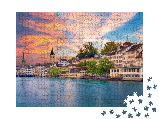 Scenic View of Historic Zurich City Center with Famous Fr... Jigsaw Puzzle with 1000 pieces