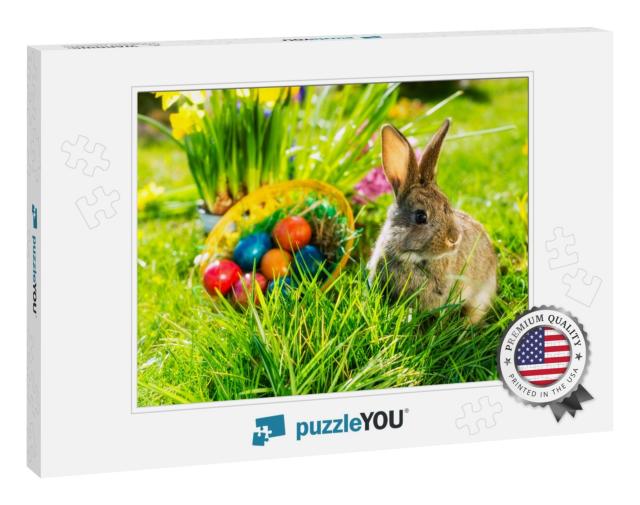 Living Easter Bunny with Eggs in a Basket on a Meadow in... Jigsaw Puzzle