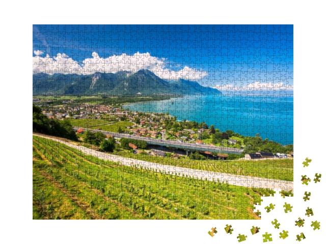 Panorama View of Villeneuve City with Swiss Alps, Lake Ge... Jigsaw Puzzle with 1000 pieces