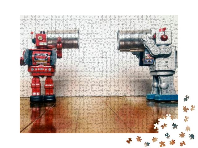 Tow Retro Robots Talk on Tin Can Phones on an Old Wooden... Jigsaw Puzzle with 1000 pieces