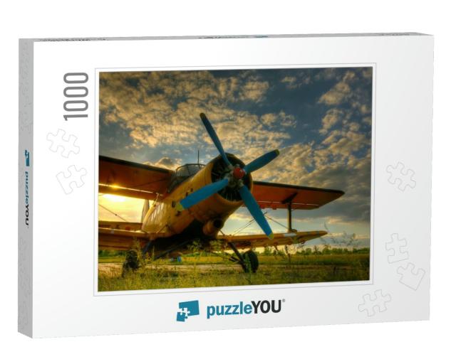 Hdr Photo of an Old Airplane on Green Grass & Sunset Back... Jigsaw Puzzle with 1000 pieces