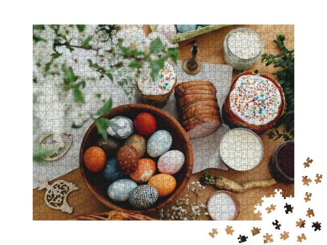 Easter Food Flat Lay. Easter Eggs Natural Dyed, Easter Br... Jigsaw Puzzle with 1000 pieces
