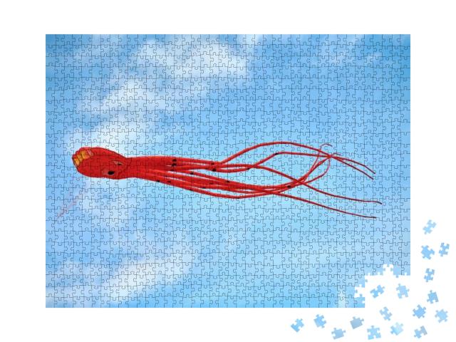 Bright Red Pink Octopus Kite Flying Against Background of... Jigsaw Puzzle with 1000 pieces