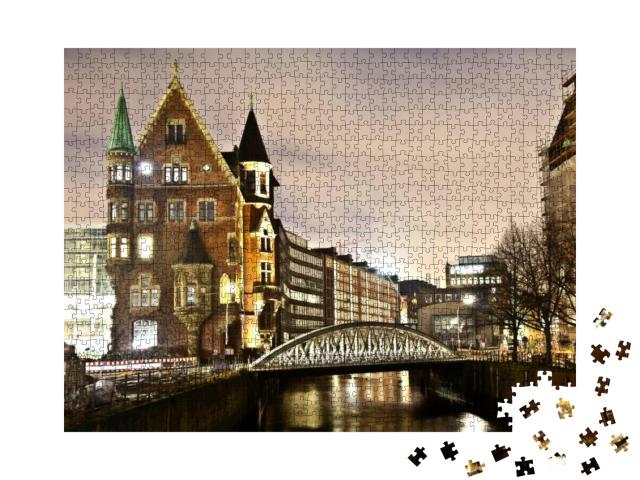 Historic Speicherstadt At Night in Hamburg... Jigsaw Puzzle with 1000 pieces