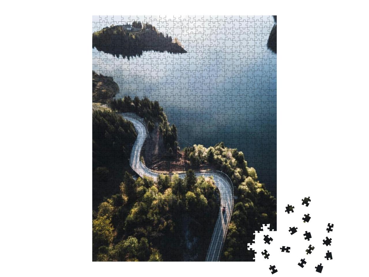 Aerial View of Winding Road with Blue Lake. Great Road Tr... Jigsaw Puzzle with 1000 pieces