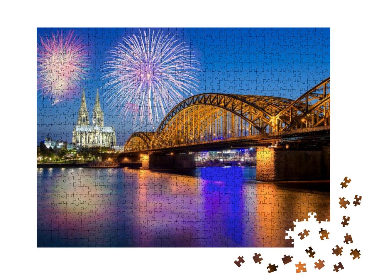 Cologne Cathedral & Hohenzollern Bridge with Fireworks on... Jigsaw Puzzle with 1000 pieces