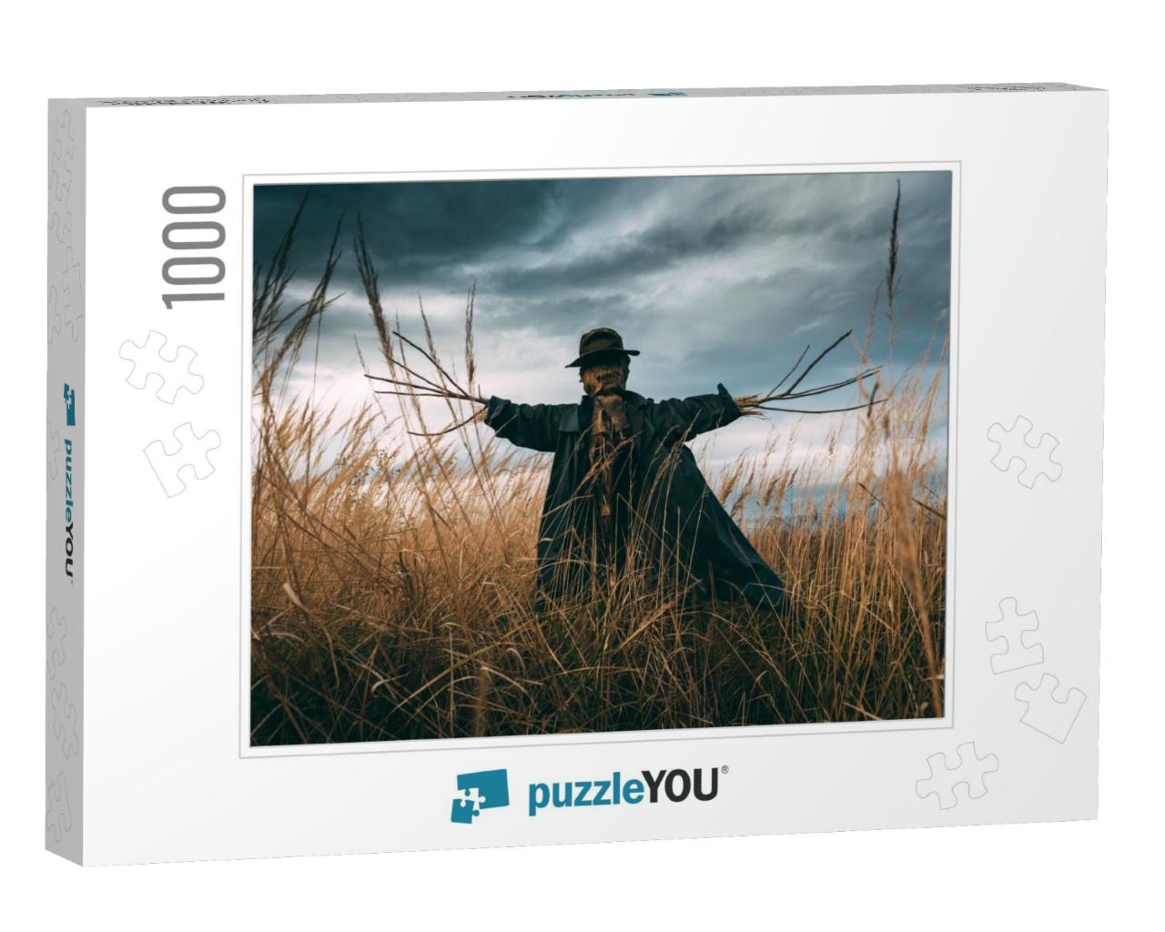 Scary Scarecrow in a Hat on a Cornfield in Cloudy Weather... Jigsaw Puzzle with 1000 pieces