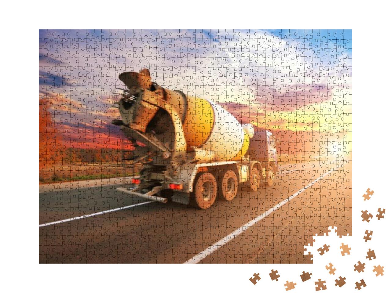 Blue Concrete Mixer Truck on the Countryside Road with Tr... Jigsaw Puzzle with 1000 pieces
