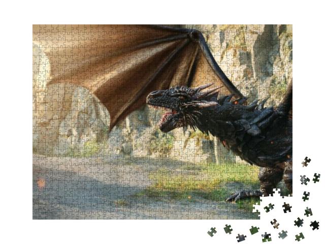 Huge Aggressive Mystical Dragon in Move. Creature with Bi... Jigsaw Puzzle with 1000 pieces