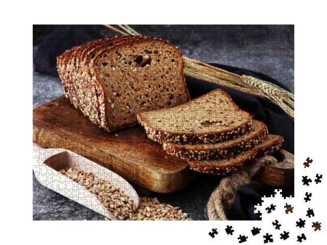 Sliced Rye Bread on Cutting Board. Whole Grain Rye Bread... Jigsaw Puzzle with 1000 pieces