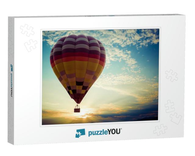 Colorful Hot Air Balloon Flying on Sky At Sunset. Travel... Jigsaw Puzzle