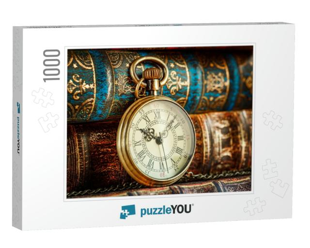 Vintage Antique Pocket Watch on the Background of Old Boo... Jigsaw Puzzle with 1000 pieces