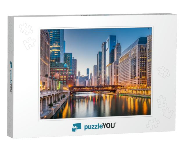Chicago, Illinois, USA Cityscape on the River At Twilight... Jigsaw Puzzle