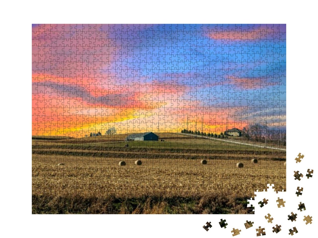 A Desolate Corn Field in the Middle of Iowa Under a Orang... Jigsaw Puzzle with 1000 pieces