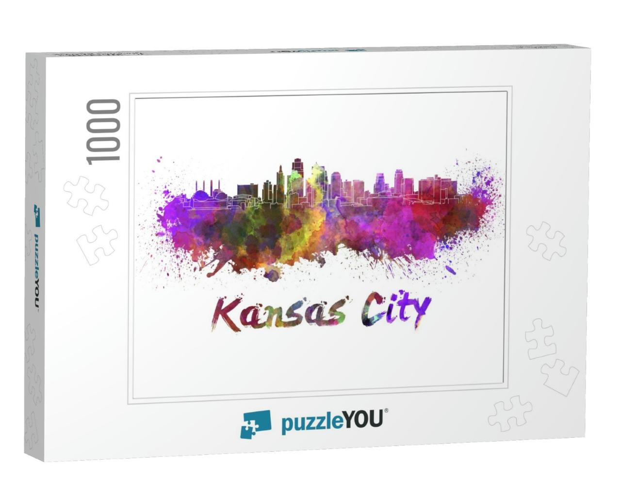 Kansas City Skyline in Watercolor Splatters with Clipping... Jigsaw Puzzle with 1000 pieces