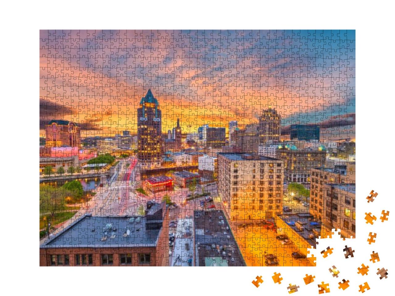 Milwaukee, Wisconsin, USA Downtown Skyline At Dusk... Jigsaw Puzzle with 1000 pieces