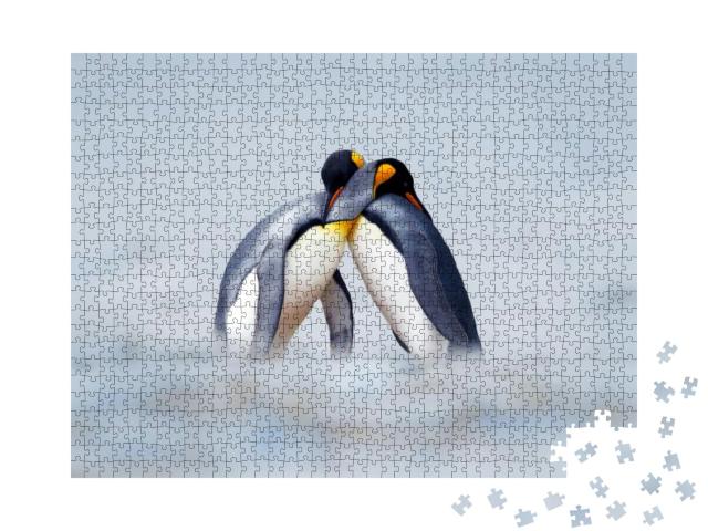 King Penguin Mating Couple Cuddling in Wild Nature, Snow... Jigsaw Puzzle with 1000 pieces