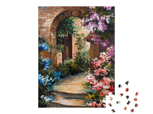 Oil Painting - Summer Terrace, Colorful Flowers in a Gard... Jigsaw Puzzle with 1000 pieces