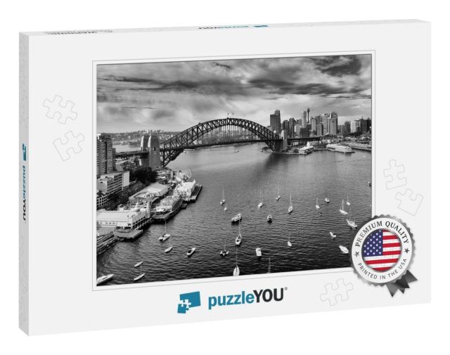 Black White Image of Sydney City Cbd Landmarks Across Har... Jigsaw Puzzle