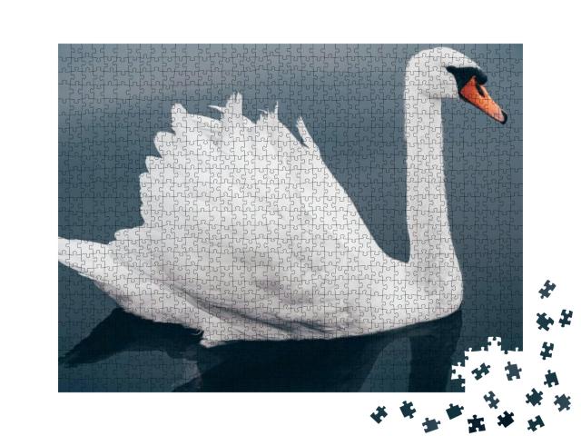 White Swan on Blue Lake, Side View Very Close-Up... Jigsaw Puzzle with 1000 pieces