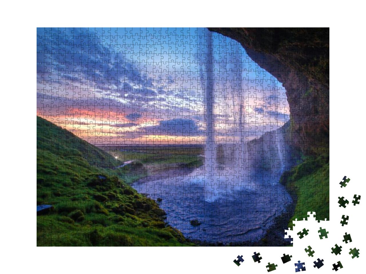 Seljalandfoss Waterfall At Sunset, Iceland. Horizontal Sh... Jigsaw Puzzle with 1000 pieces