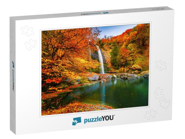 View of the Waterfall in Autumn. Waterfall in Autumn Colo... Jigsaw Puzzle