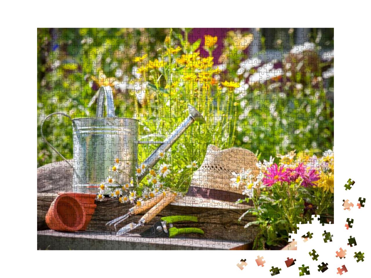 Gardening Tools & Straw Hat on the Grass in the Garden... Jigsaw Puzzle with 1000 pieces