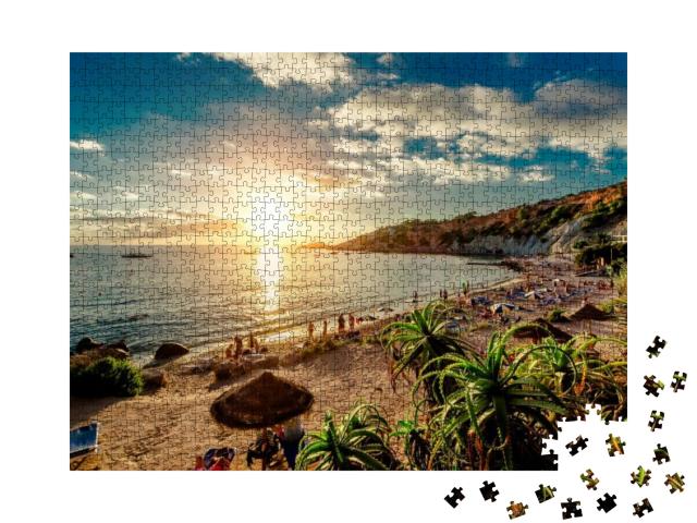 Cala Dhort Beach At Sunset. People Sunbathing, Have a Par... Jigsaw Puzzle with 1000 pieces