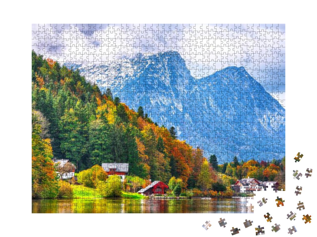 Idyllic Autumn Scene in Grundlsee Lake. Location Resort G... Jigsaw Puzzle with 1000 pieces