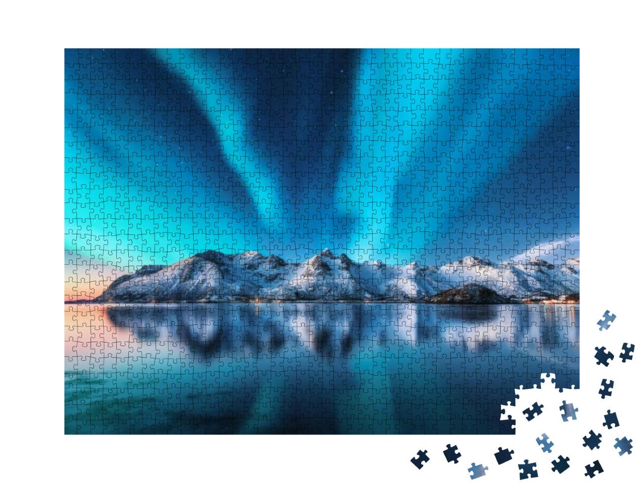 Northern Lights & Snow Covered Mountains in Lofoten Islan... Jigsaw Puzzle with 1000 pieces