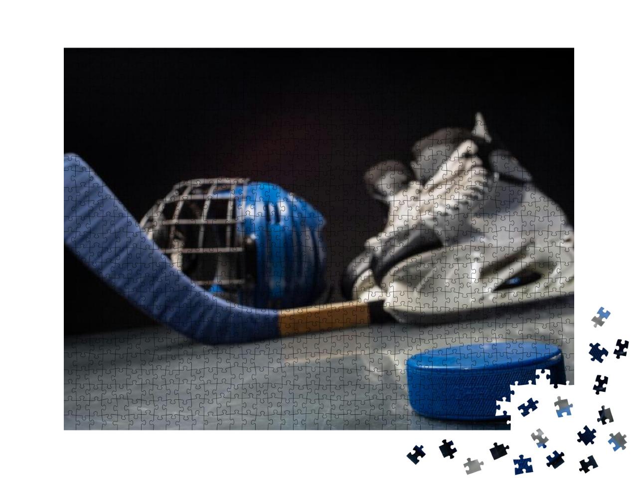 Close-Up on Hockey Puck & Hockey Equipment in Background... Jigsaw Puzzle with 1000 pieces