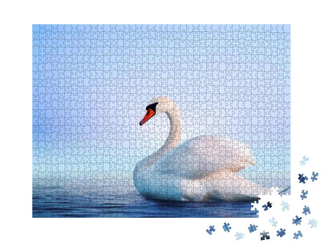 White Swan in the Foggy Lake At the Dawn. Morning Lights... Jigsaw Puzzle with 1000 pieces