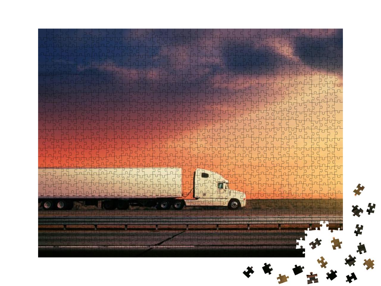 White Freight Truck Driving on Freeway Road Under Red Sun... Jigsaw Puzzle with 1000 pieces