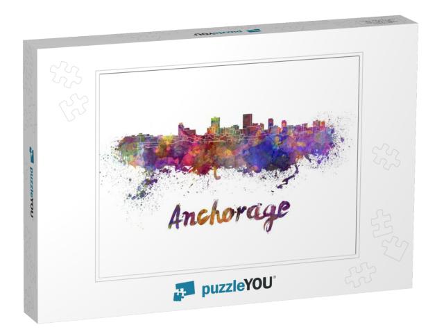 Anchorage Skyline in Watercolor Splatters with Clipping P... Jigsaw Puzzle