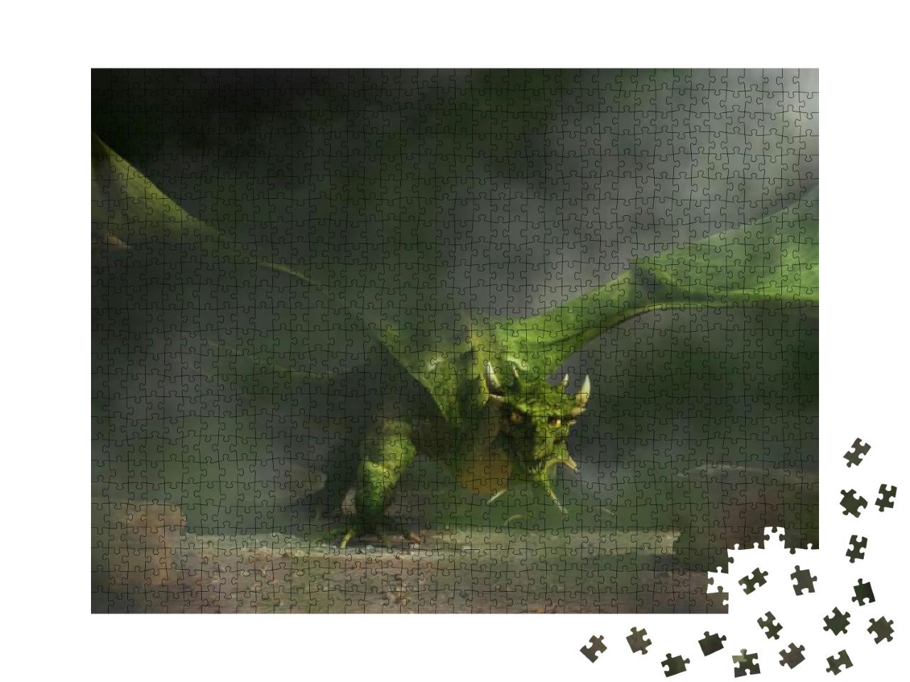 From Dark Smoke & Mist, a Huge Green Dragon Emerges. Its... Jigsaw Puzzle with 1000 pieces