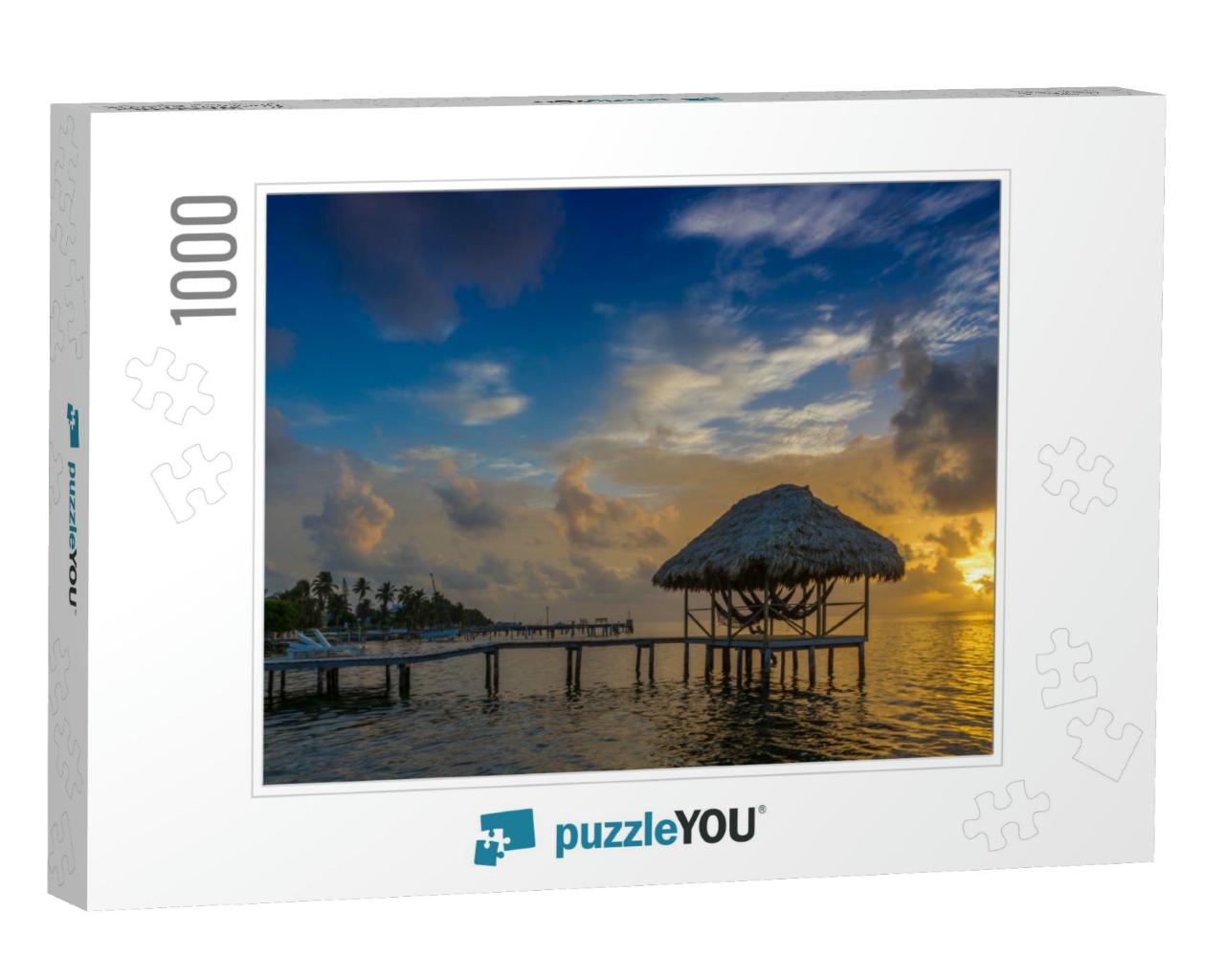 Dock with Cabana Overlooking Beautiful Caribbean Sea Sunr... Jigsaw Puzzle with 1000 pieces