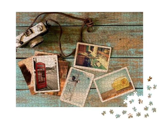 Retro Technology Instant Photo Album on Wood Table. Paper... Jigsaw Puzzle with 1000 pieces