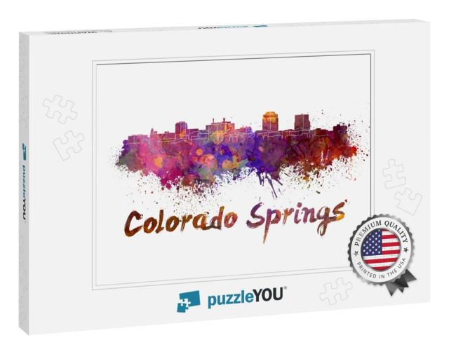 Colorado Springs Skyline in Watercolor Splatters with Cli... Jigsaw Puzzle