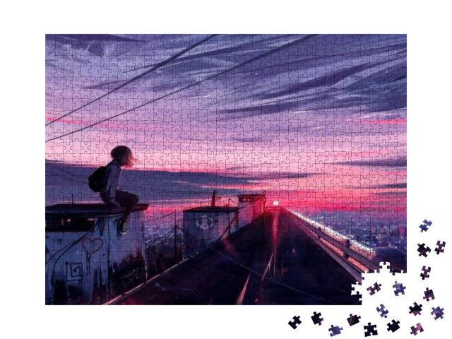 Aesthetic Illustration of a Girl Sitting on the Rooftop... Jigsaw Puzzle with 1000 pieces