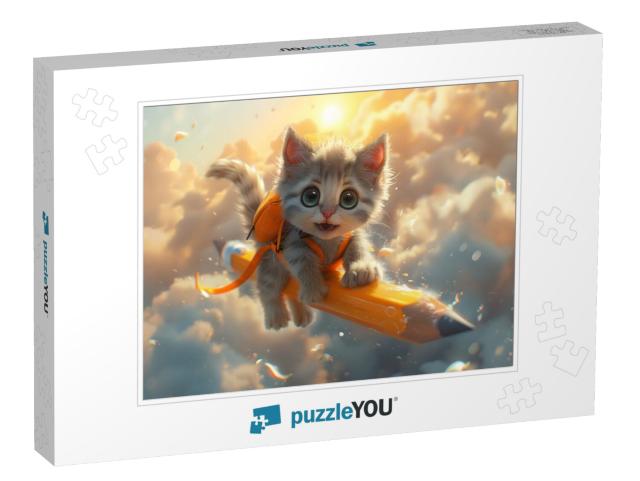 Adorable Student Kitten in the Clouds on a Flying Pencil Jigsaw Puzzle