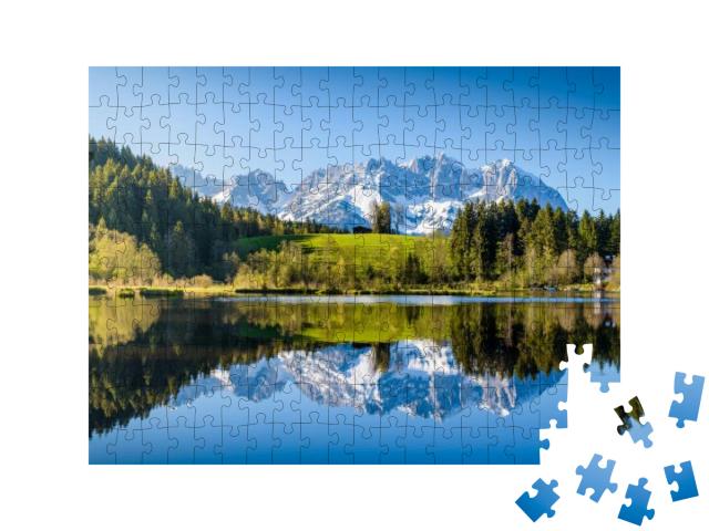 Idyllic Alpine Scenery, Snowy Mountains Mirroring in a Sm... Jigsaw Puzzle with 200 pieces