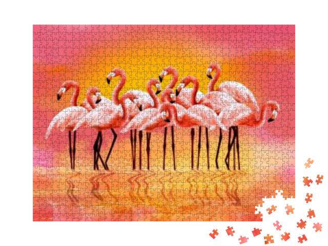 Panorama of Pink Flamingos on a Bright Pink Background &... Jigsaw Puzzle with 1000 pieces