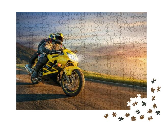 Motorbikers on Sports Motorbike Riding in Sunset. Outdoor... Jigsaw Puzzle with 1000 pieces